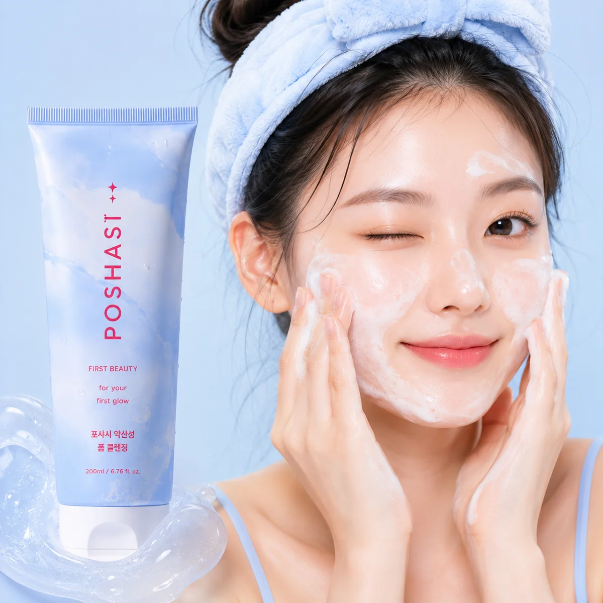클렌징폼으로 세안하는 모델