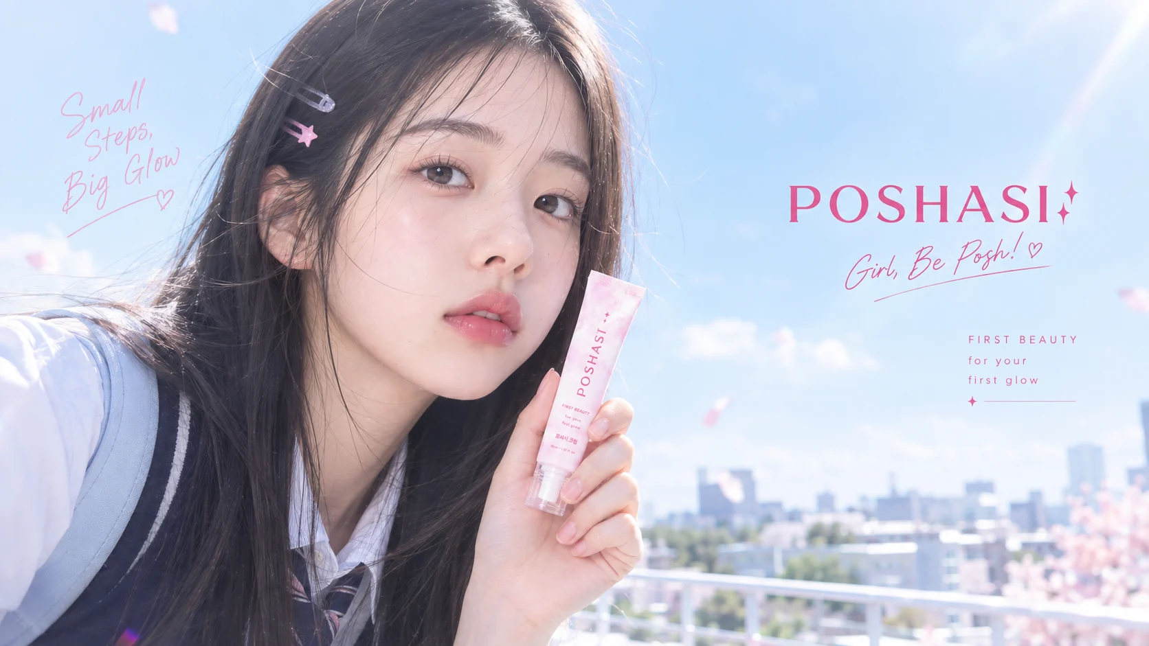 POSHASI 크림을 든 모델. Small Steps, Big Glow. Girl, Be Posh!